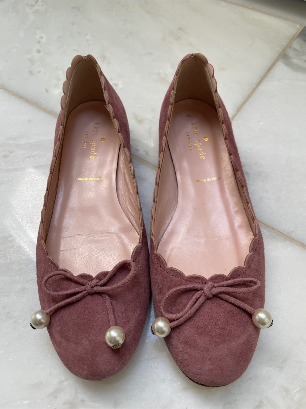 kate spade Mauve Suede Scallop-Edge Ballet Flats with Pearl Bow